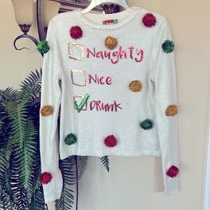 Spencer's Silver White Metallic Ugly Christmas Sweater w/ Pom Poms Sequins Drunk